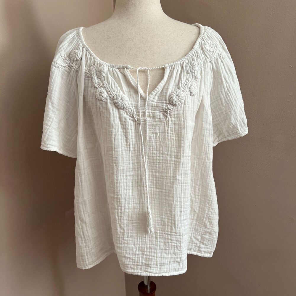 Faherty Florence White Organic Cotton Gauze Blouse‎ Embroidered Boho Top Size M